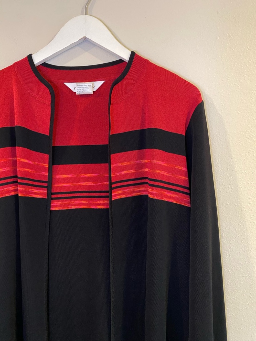 Misook Red & Black Striped Open Front Knit Cardigan Jacket - Size Small - Picture 2 of 9